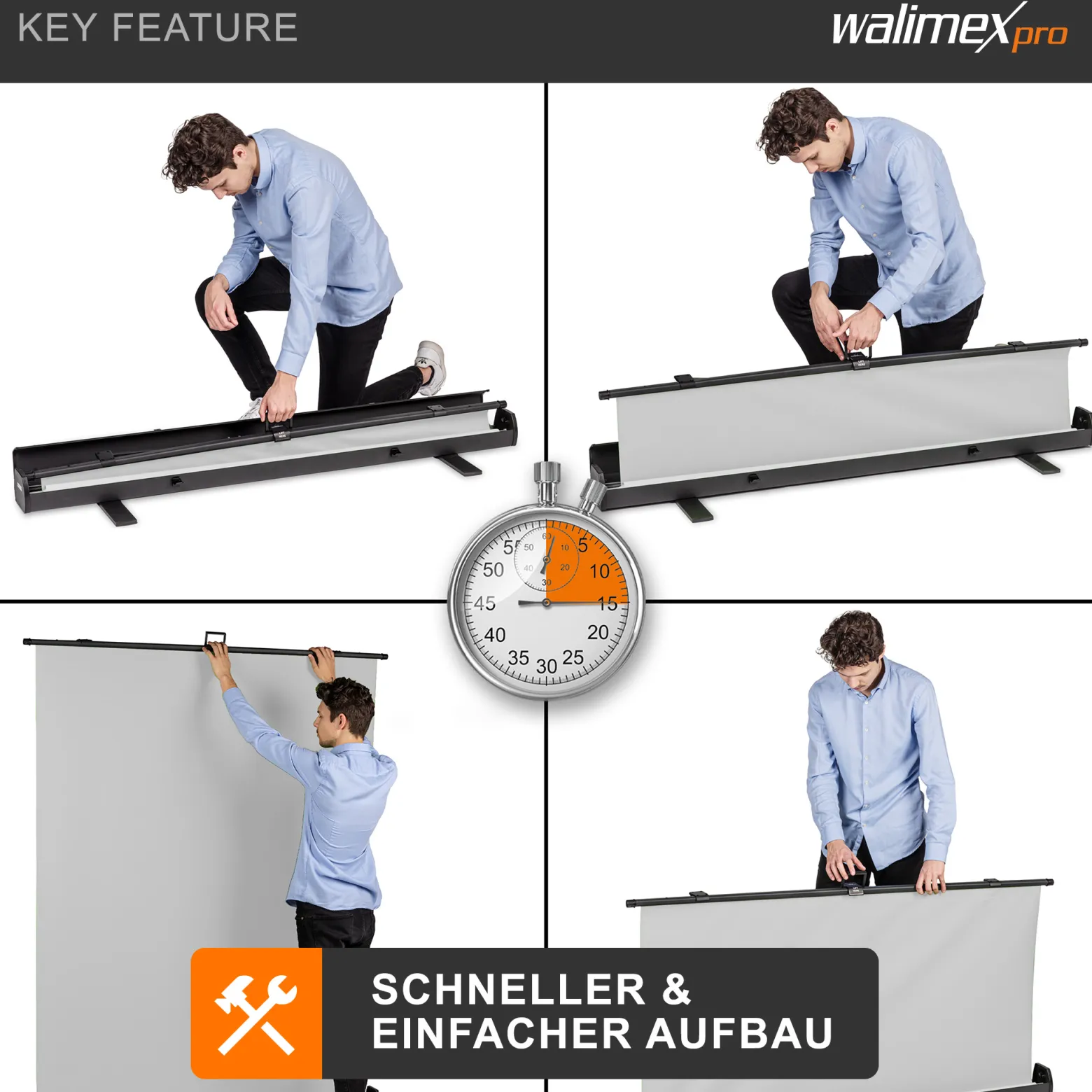 Walimex pro Roll-up Panel Hintergrund grau 155 x 200 cm, Fotohintergrund mit Transportbox, Hintergrundsystem für Fotostudio, knitterfreie Fotoleinwand ideal für Portraits und dezente Lichtakzente