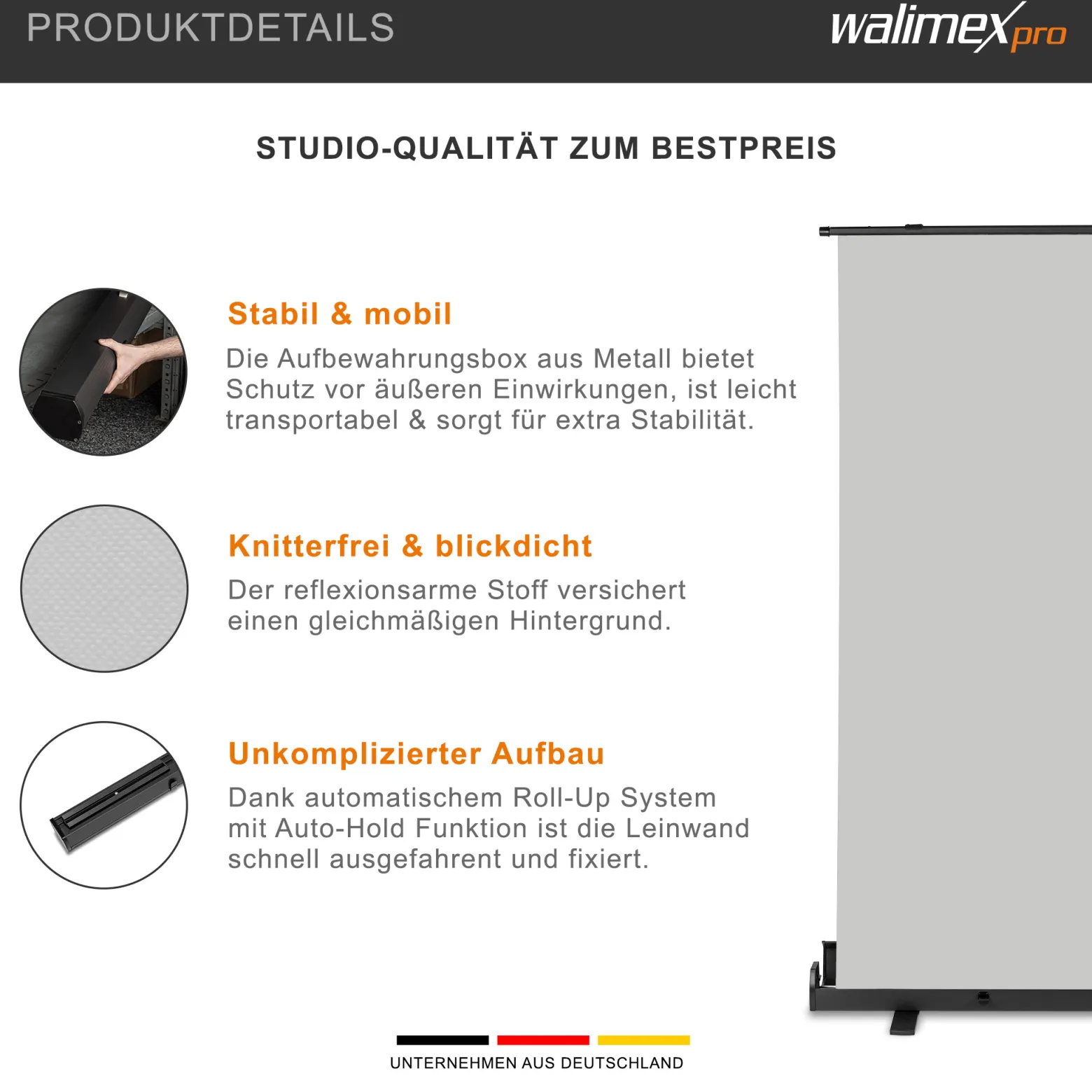 Walimex pro Roll-up Panel Hintergrund grau 155 x 200 cm, Fotohintergrund mit Transportbox, Hintergrundsystem für Fotostudio, knitterfreie Fotoleinwand ideal für Portraits und dezente Lichtakzente
