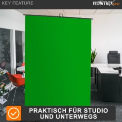 Walimex pro Roll-up Panel Hintergrund grün 165 x 220 cm, Greenscreen Fotohintergrund mit Transportbox, Hintergrundsystem für Fotostudio, knitterfreie Fotoleinwand ideal für Chromakeying