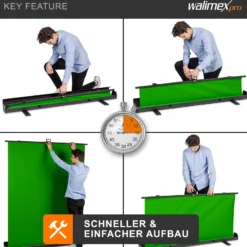 Walimex pro Roll-up Panel Hintergrund grün 165 x 220 cm, Greenscreen Fotohintergrund mit Transportbox, Hintergrundsystem für Fotostudio, knitterfreie Fotoleinwand ideal für Chromakeying