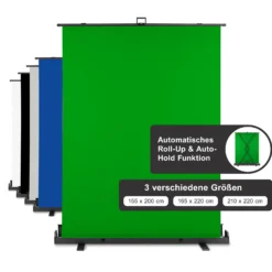 Walimex pro Roll-up Panel Hintergrund grün 165 x 220 cm, Greenscreen Fotohintergrund mit Transportbox, Hintergrundsystem für Fotostudio, knitterfreie Fotoleinwand ideal für Chromakeying
