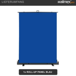 Walimex pro Roll-up Panel Hintergrund blau 165 x 220 cm, Fotohintergrund mit Transportbox, Hintergrundsystem für Fotostudio, knitterfreie Fotoleinwand ideal für Freistellen und Chromakeying