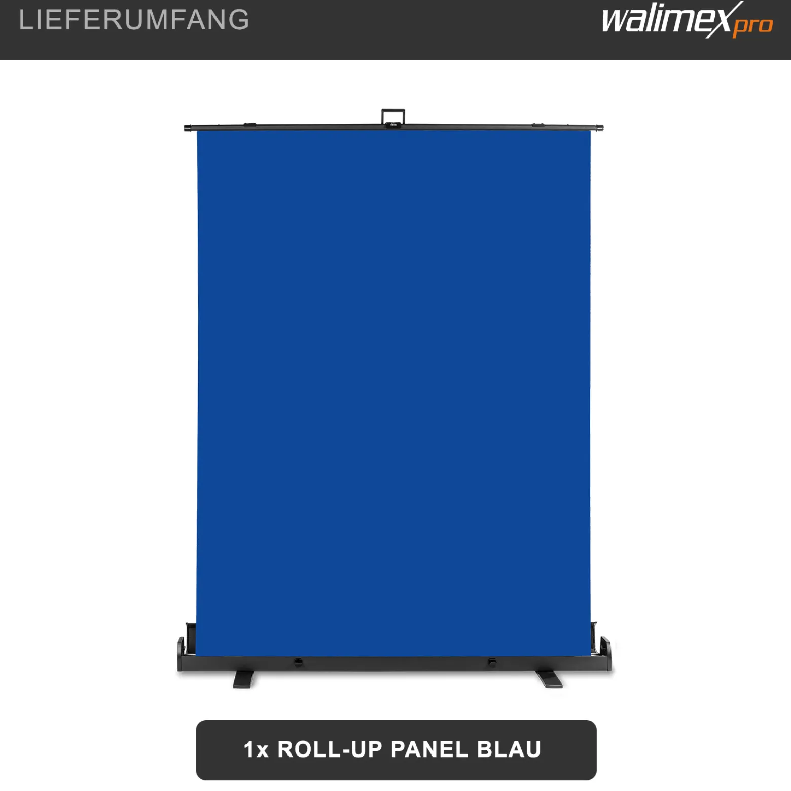 Walimex pro Roll-up Panel Hintergrund blau 165 x 220 cm, Fotohintergrund mit Transportbox, Hintergrundsystem für Fotostudio, knitterfreie Fotoleinwand ideal für Freistellen und Chromakeying