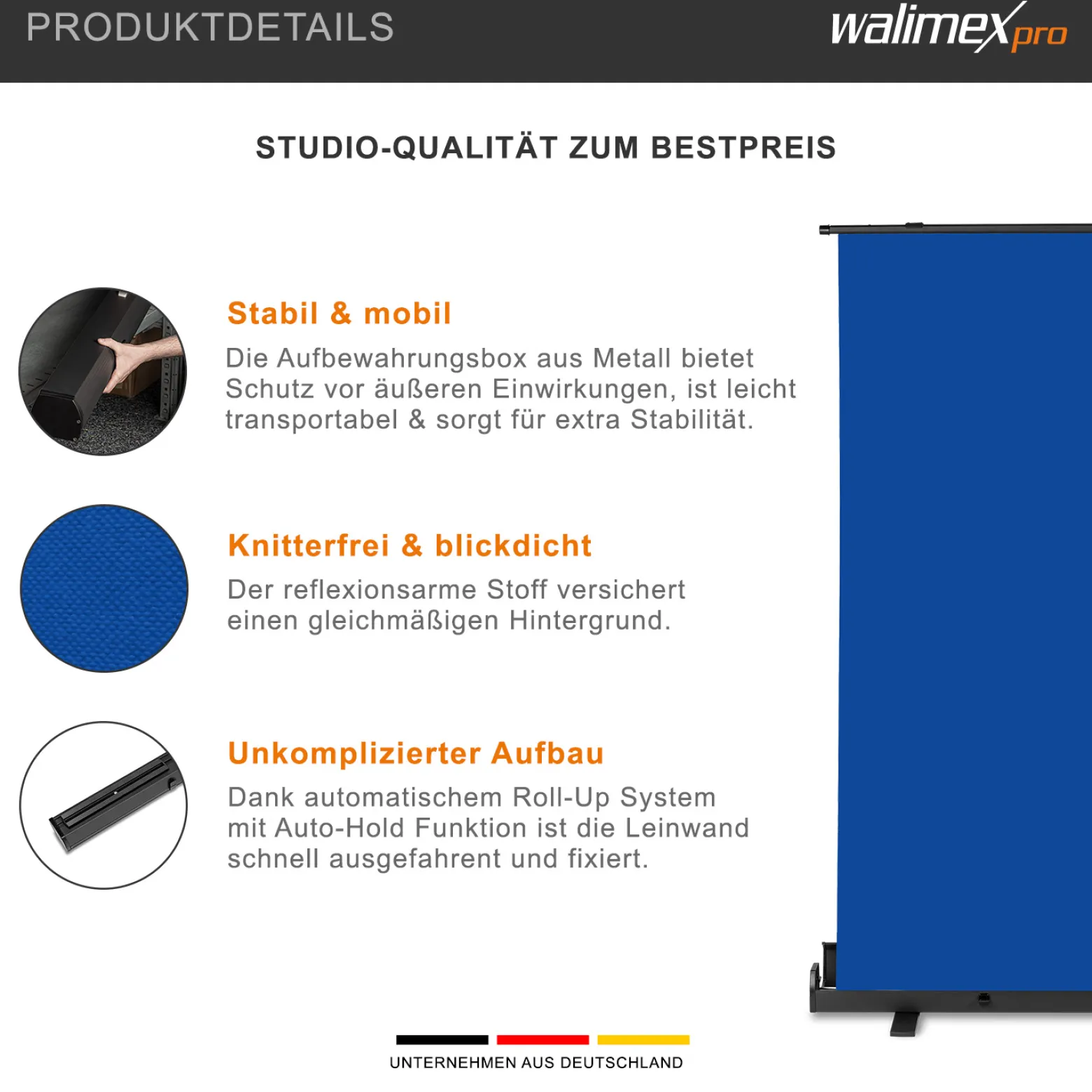 Walimex pro Roll-up Panel Hintergrund blau 165 x 220 cm, Fotohintergrund mit Transportbox, Hintergrundsystem für Fotostudio, knitterfreie Fotoleinwand ideal für Freistellen und Chromakeying