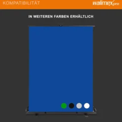 Walimex pro Roll-up Panel Hintergrund blau 165 x 220 cm, Fotohintergrund mit Transportbox, Hintergrundsystem für Fotostudio, knitterfreie Fotoleinwand ideal für Freistellen und Chromakeying