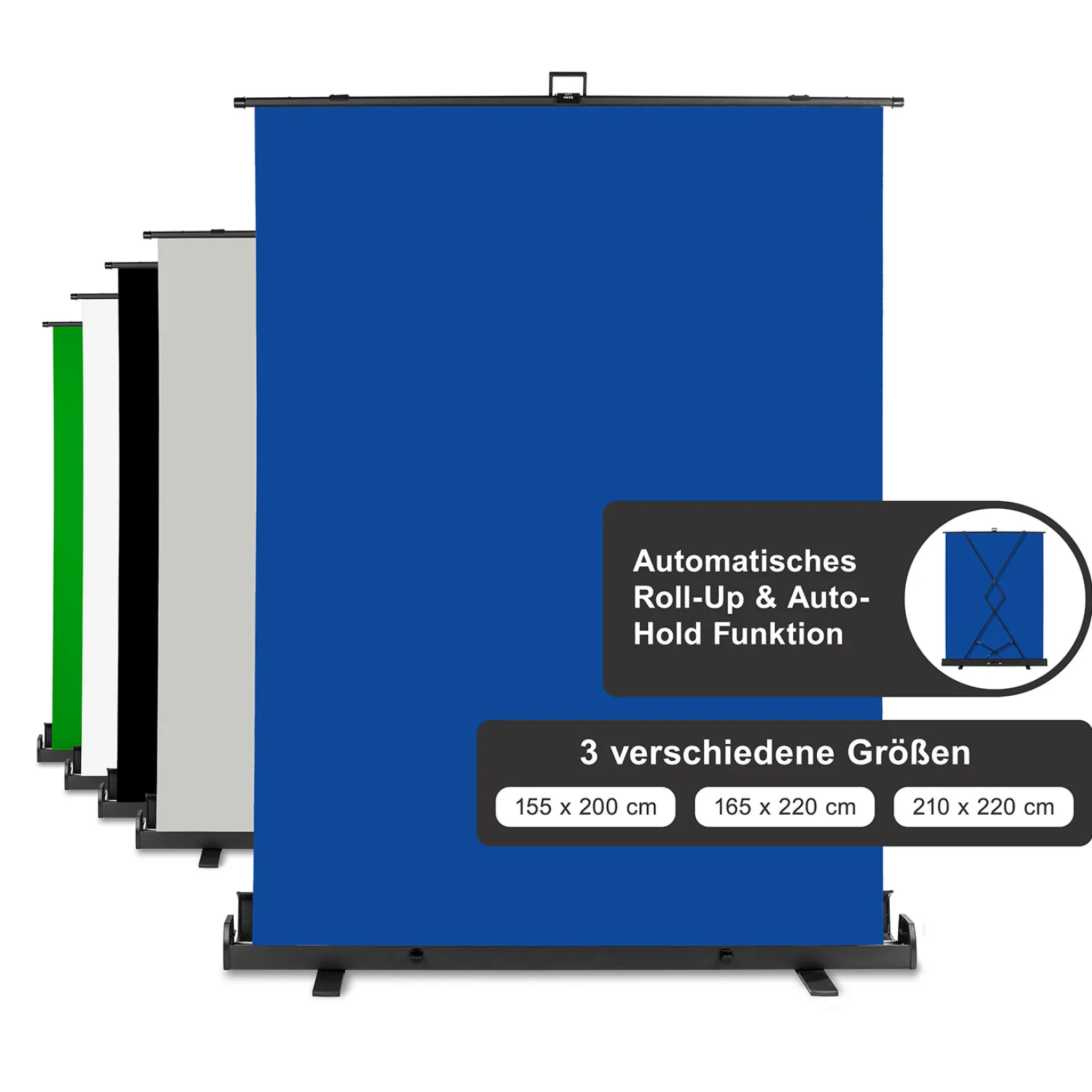Walimex pro Roll-up Panel Hintergrund blau 165 x 220 cm, Fotohintergrund mit Transportbox, Hintergrundsystem für Fotostudio, knitterfreie Fotoleinwand ideal für Freistellen und Chromakeying