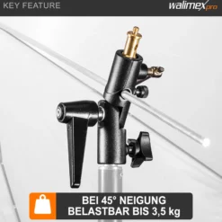 Walimex pro Schirmhalter neigbar mit Spigotaufnahme bis 3,5 kg belastbar, großer Blitzhalter für Durchlichtschirm und Reflexschirm, inkl. 1/4 und 3/8 Zoll Spigotadapter