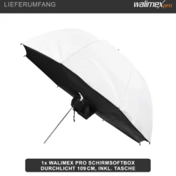 Walimex pro Schirmsoftbox Durchlicht Ø 109 cm, Softbox mit weißer Reflexschicht ideal für Porträt- und Produktfotografie, Lichtformer für Studioblitz inkl. Transporttasche