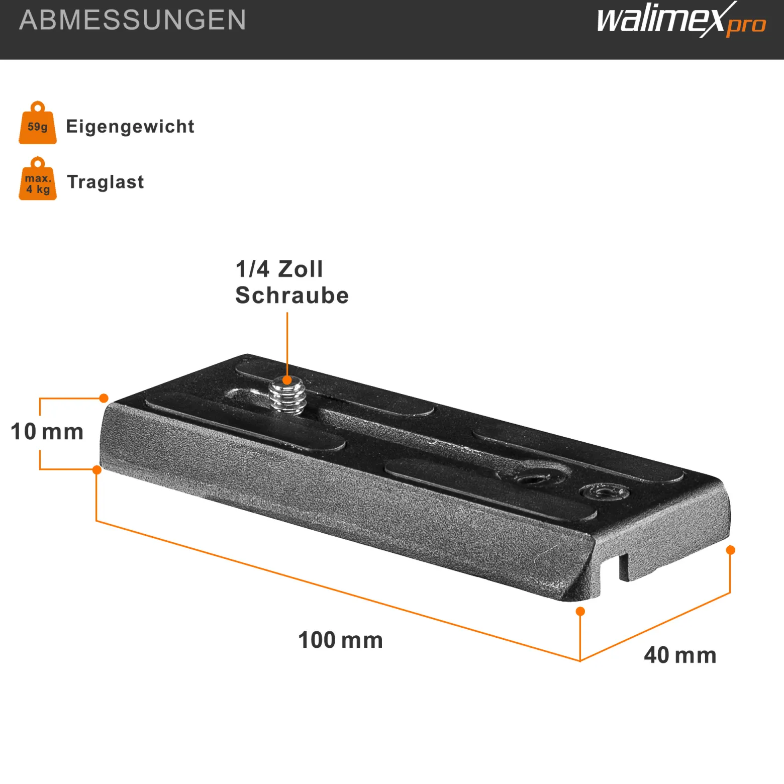 Walimex pro Schnellwechselplatte für Advanced 173 SH Videostativ – Ersatz Schnellwechsel Kameraplatte, Aluminium, Gummierung, 100x40x10 mm, 1/4 Zoll Kamera Anschlussschraube