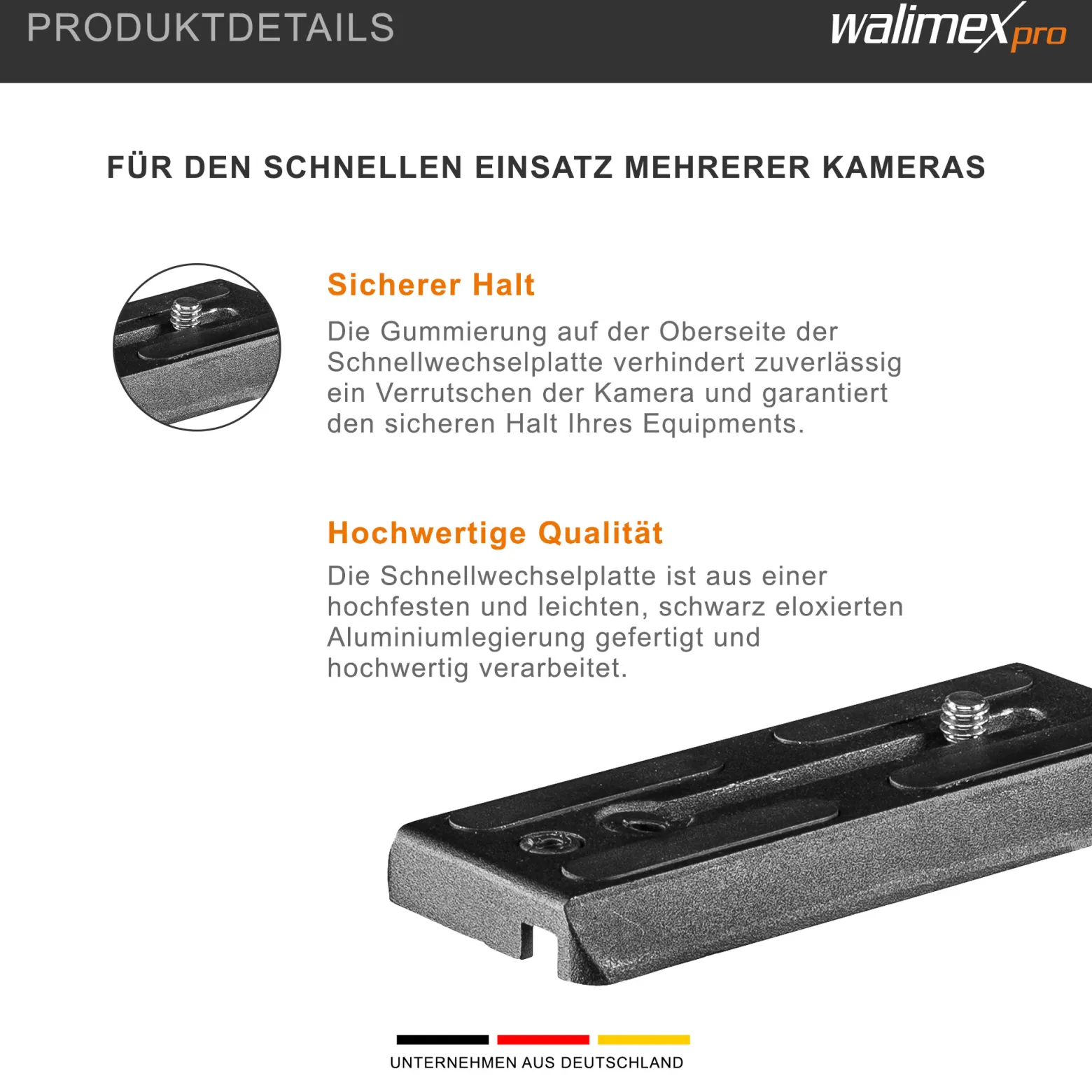 Walimex pro Schnellwechselplatte für Advanced 173 SH Videostativ – Ersatz Schnellwechsel Kameraplatte, Aluminium, Gummierung, 100x40x10 mm, 1/4 Zoll Kamera Anschlussschraube