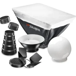 Walimex pro Set Blitzvorsätze 7tlg. - mit Adapter, Diffusorkugel, Softbox, Beauty Dish, Spotvorsatz, Wabe - kompatibel mit Canon 580EX / 580EX II