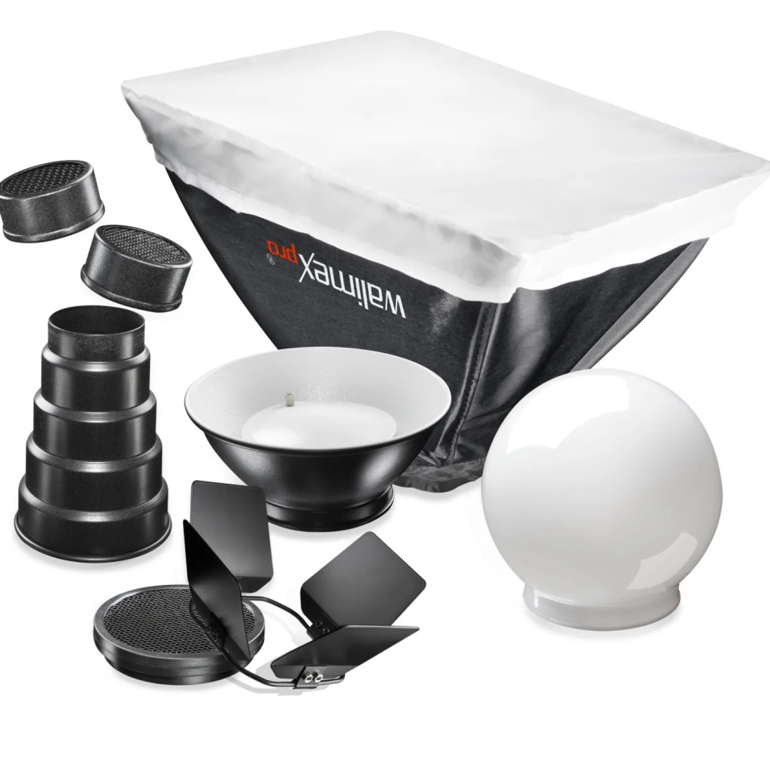 Walimex pro Set Blitzvorsätze 7tlg. - mit Adapter, Diffusorkugel, Softbox, Beauty Dish, Spotvorsatz, Wabe - kompatibel mit Canon 580EX / 580EX II