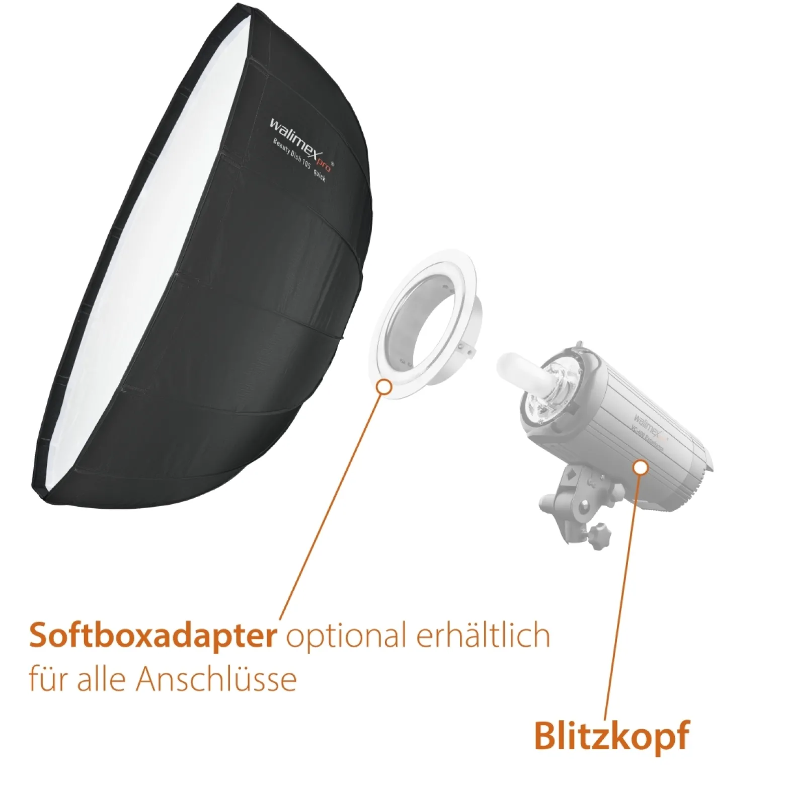 Walimex pro SL Beauty Dish Softbox QA105 Ø 105 cm kompatibel mit Profoto, Lichtformer mit Grid und Diffusoren, Reflektor für Fotografie