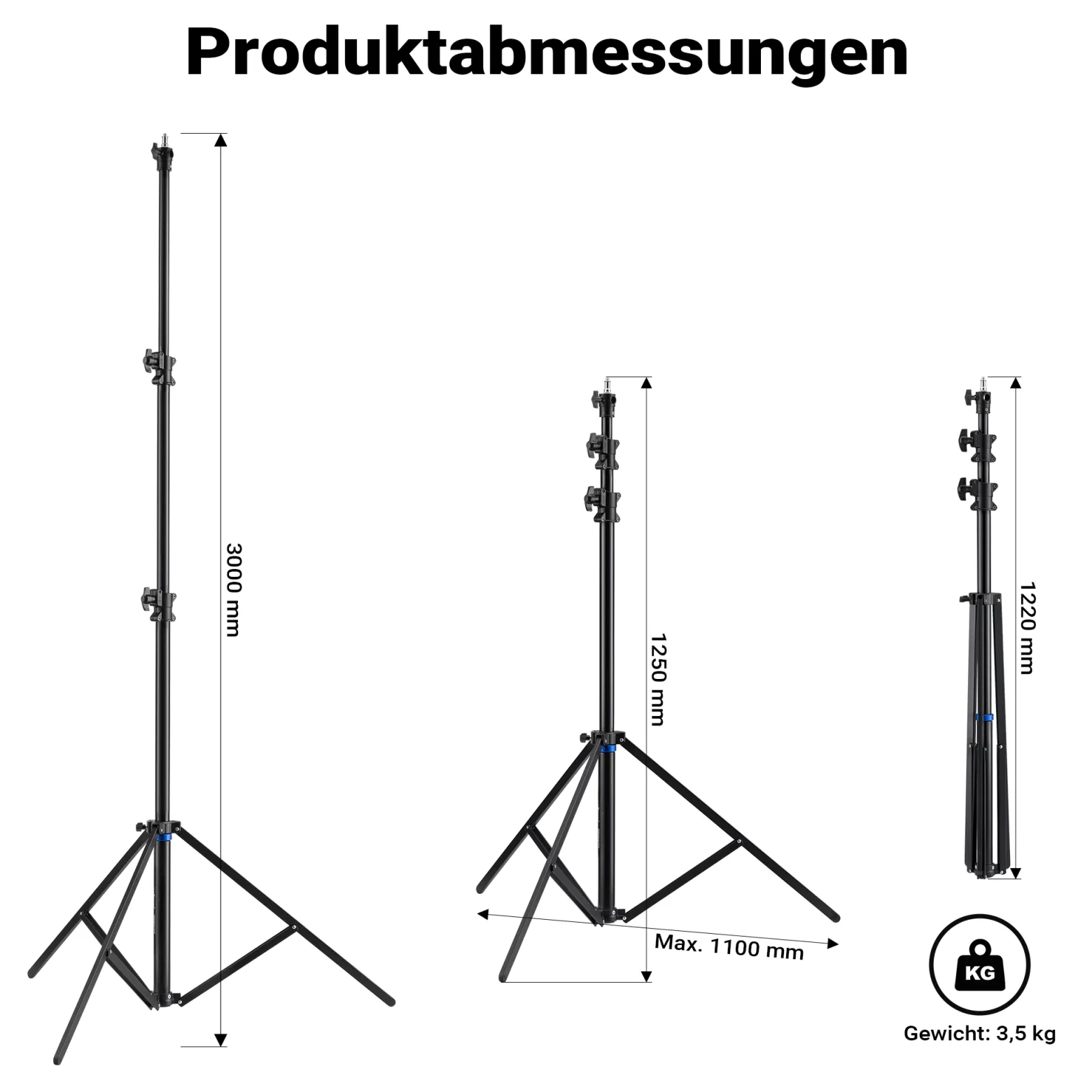 Walimex pro SmartLift Lampenstativ SL-300 Lichtstativ höhenverstellbar bis 3 m mit 7,5 kg Tragkraft, Aluminium Studiostativ mit Luftfederung