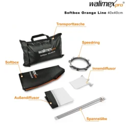 Walimex pro Softbox Orange Line 40x40, um 360° drehbar, einfacher Aufbau, inkl. Diffusoren und Transporttasche, ideal für Produkt- und Peoplefotografie - schwarz-weiß