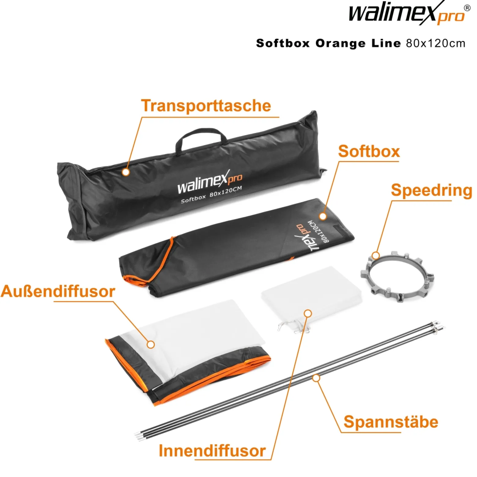 Walimex pro Softbox Orange Line 80 x 120 cm, Soft Box 360° drehbar, Lichtformer für Foto und Video, inkl. Diffusor ideal für Fotostudio