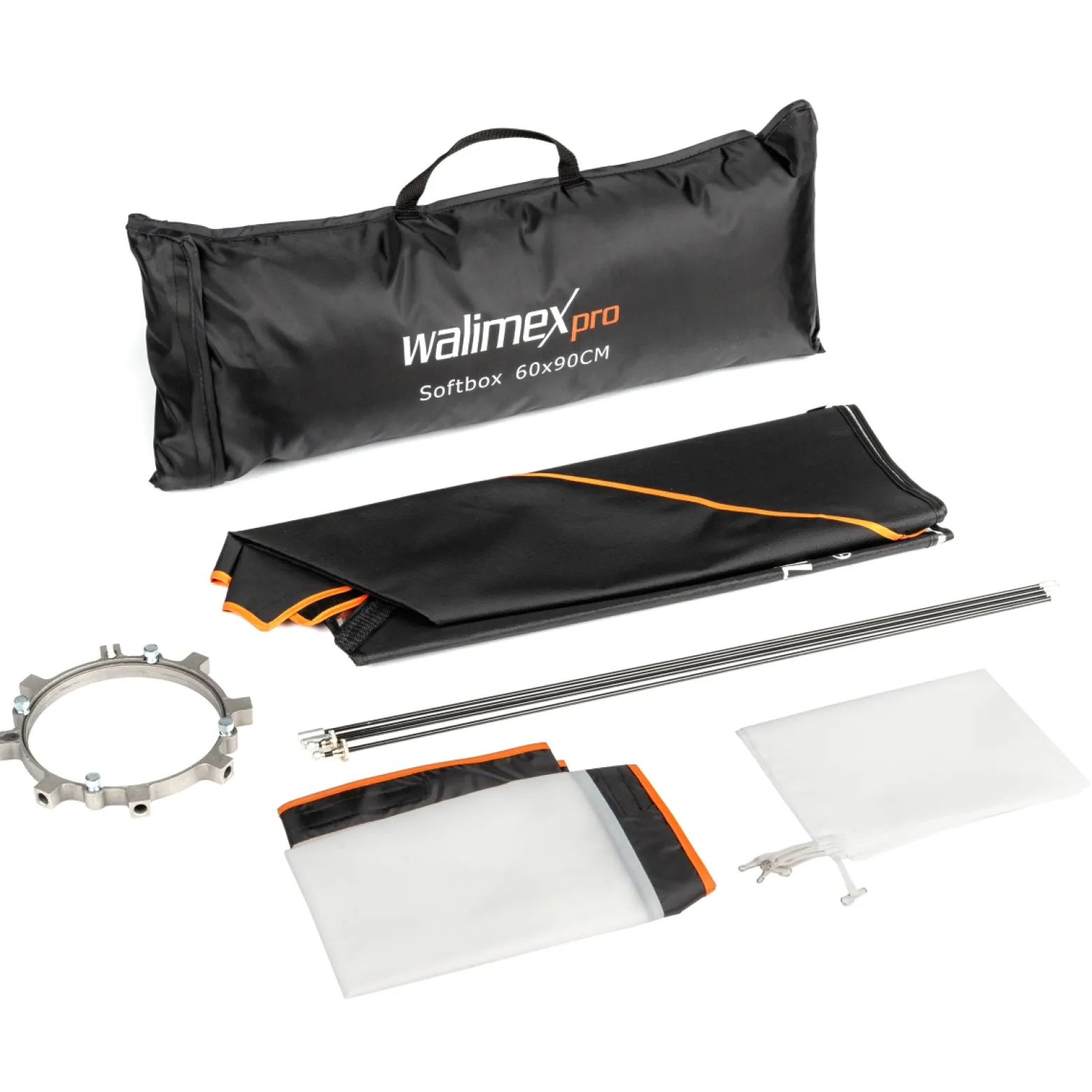 Walimex pro Softbox Orange Line 60 x 90 cm, Soft Box 360° drehbar, Lichtformer für Foto und Video, inkl. Diffusor ideal für Fotostudio - mit Adapter für K Serie