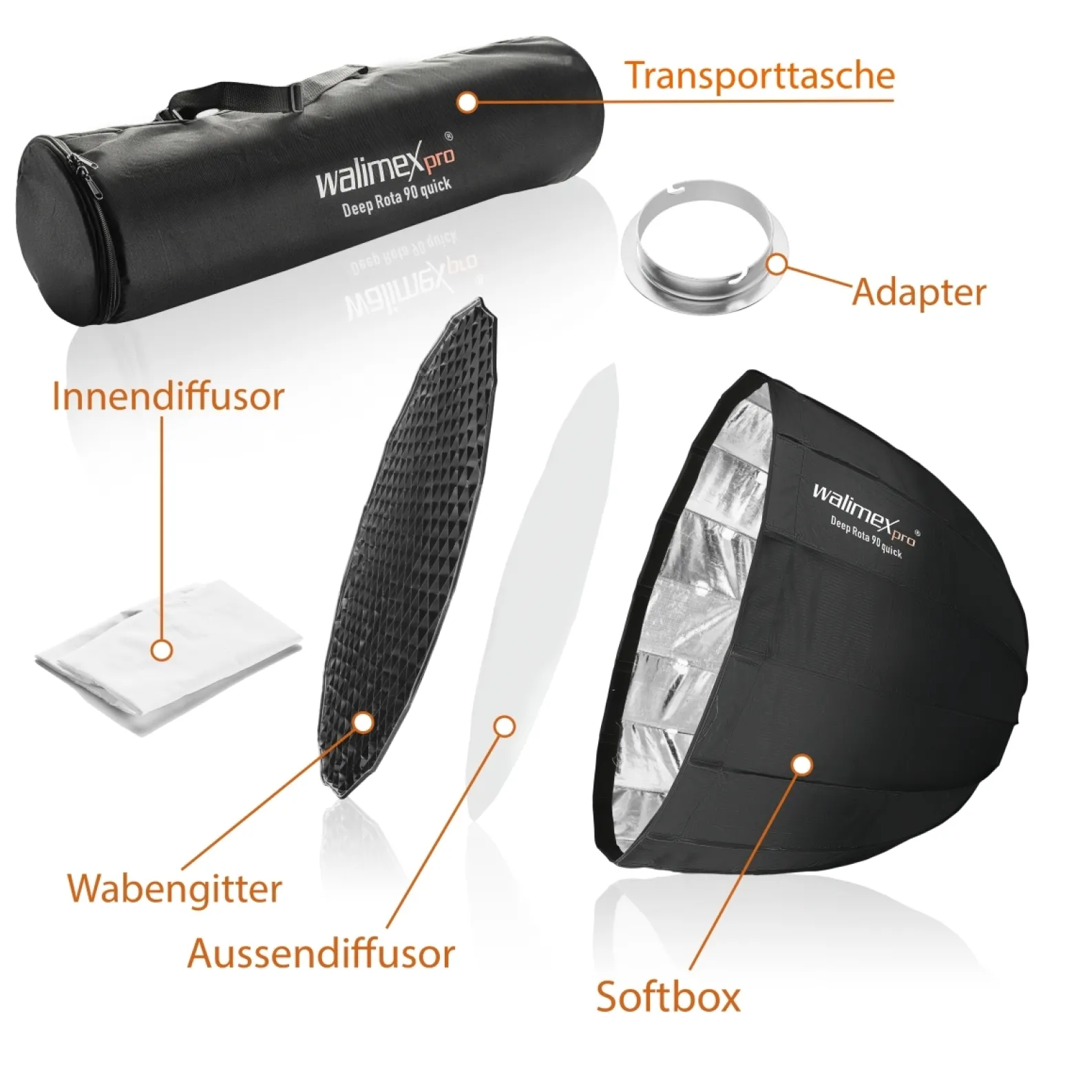 Walimex pro Softbox Studio Line Deep Rota QA90 - 700 x 900 x 900 mm - mit Quick Assemble System, Grid, Diffusoren und Tasche - inkl. Adapters für Elinchrom