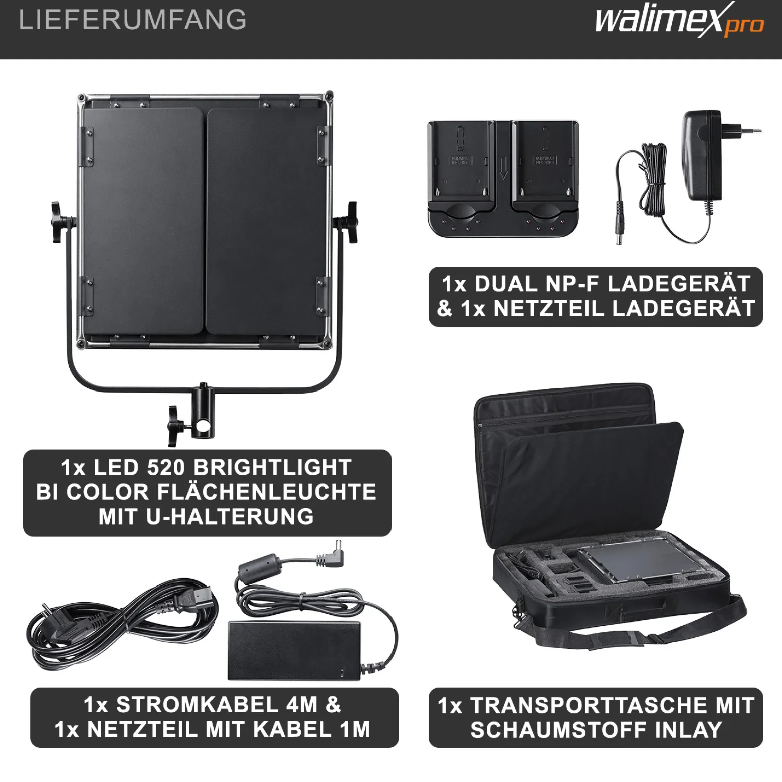 Walimex pro Soft LED Brightlight 520 Bi-Color Flächenleuchte, 40 W Videoleuchte mit Farbtemperatur 3200-5600 K, Studioleuchte mit LCD-Display, Flächenlicht Akku Anschlüssen