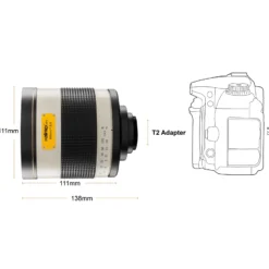 Walimex pro Spiegel Objektiv 800/8,0 DSLR für MFT Anschluss – Länge 131mm – für 800mm Brennweite – Vollformat/APS-C Sensor – für Reise Natur Tiere – K-Mount T2-Adapter – 3,5m Naheinstellgrenze