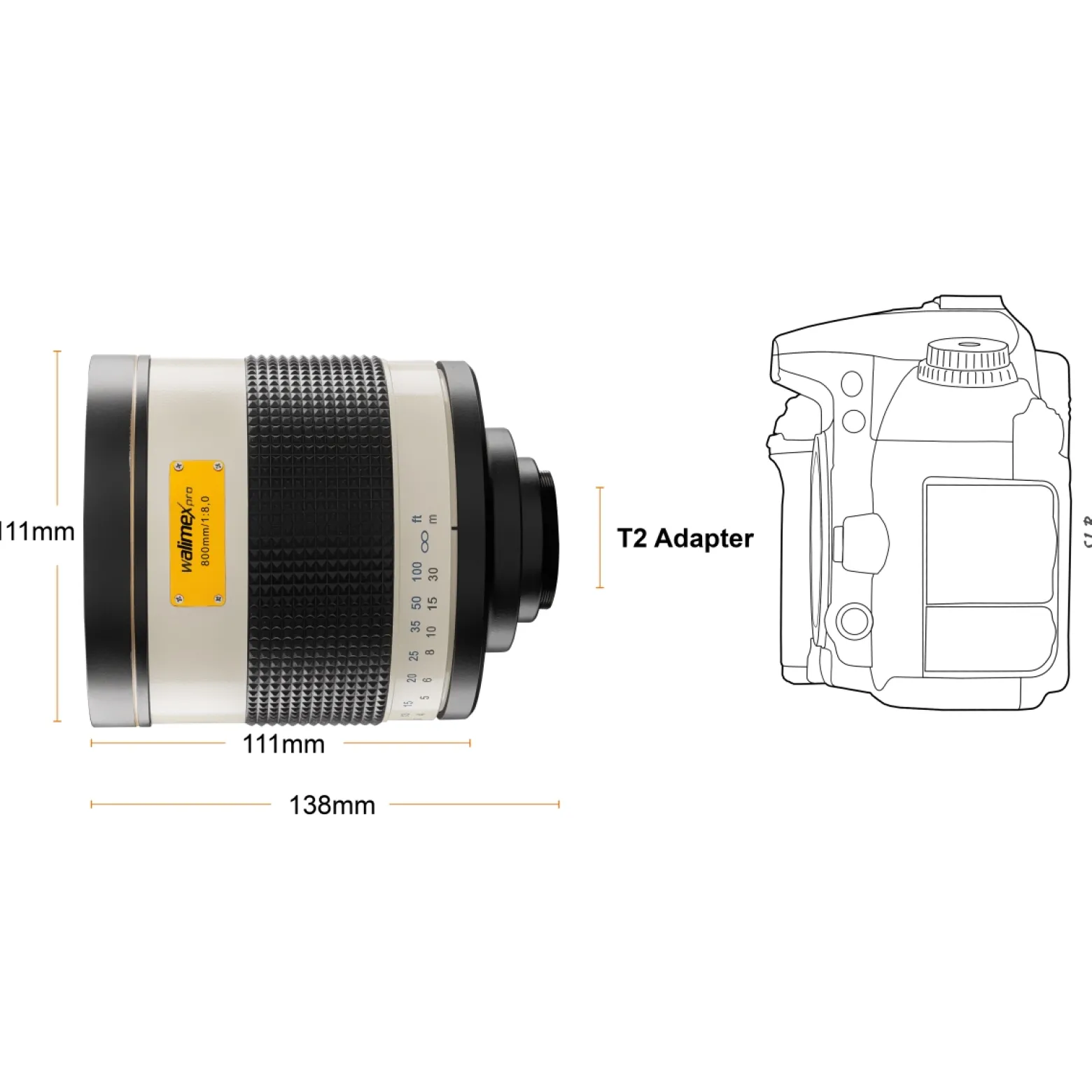 Walimex pro Spiegel Objektiv 800/8,0 DSLR für MFT Anschluss – Länge 131mm – für 800mm Brennweite – Vollformat/APS-C Sensor – für Reise Natur Tiere – K-Mount T2-Adapter – 3,5m Naheinstellgrenze