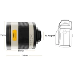 Walimex pro Spiegel Objektiv 800/8,0 DSLR für MFT Anschluss – Länge 131mm – für 800mm Brennweite – Vollformat/APS-C Sensor – für Reise Natur Tiere – K-Mount T2-Adapter – 3,5m Naheinstellgrenze