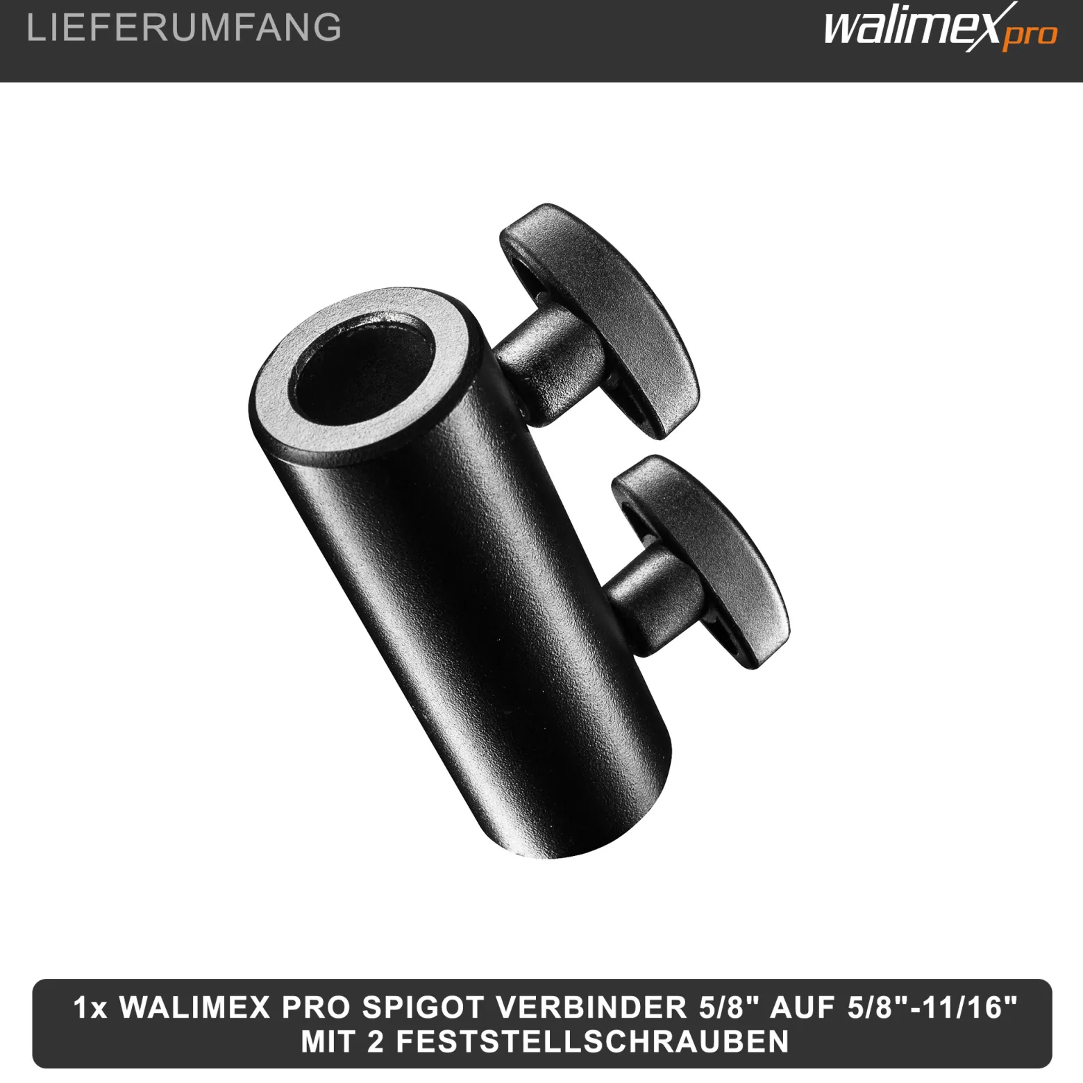 Walimex pro Spigot Verbinder 5/8" auf 5/8"-11/16", Adapter mit 2 Feststellschrauben, für Lampenstativ, Gelenkarm und Auslegearm