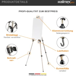 Walimex pro Staffelei M 52-155 cm, Leinwandstaffelei aus Aluminium inkl. Transporttasche, Feldstaffelei für Leinwand bis 74 cm, Leinwandstativ höhenverstellbar