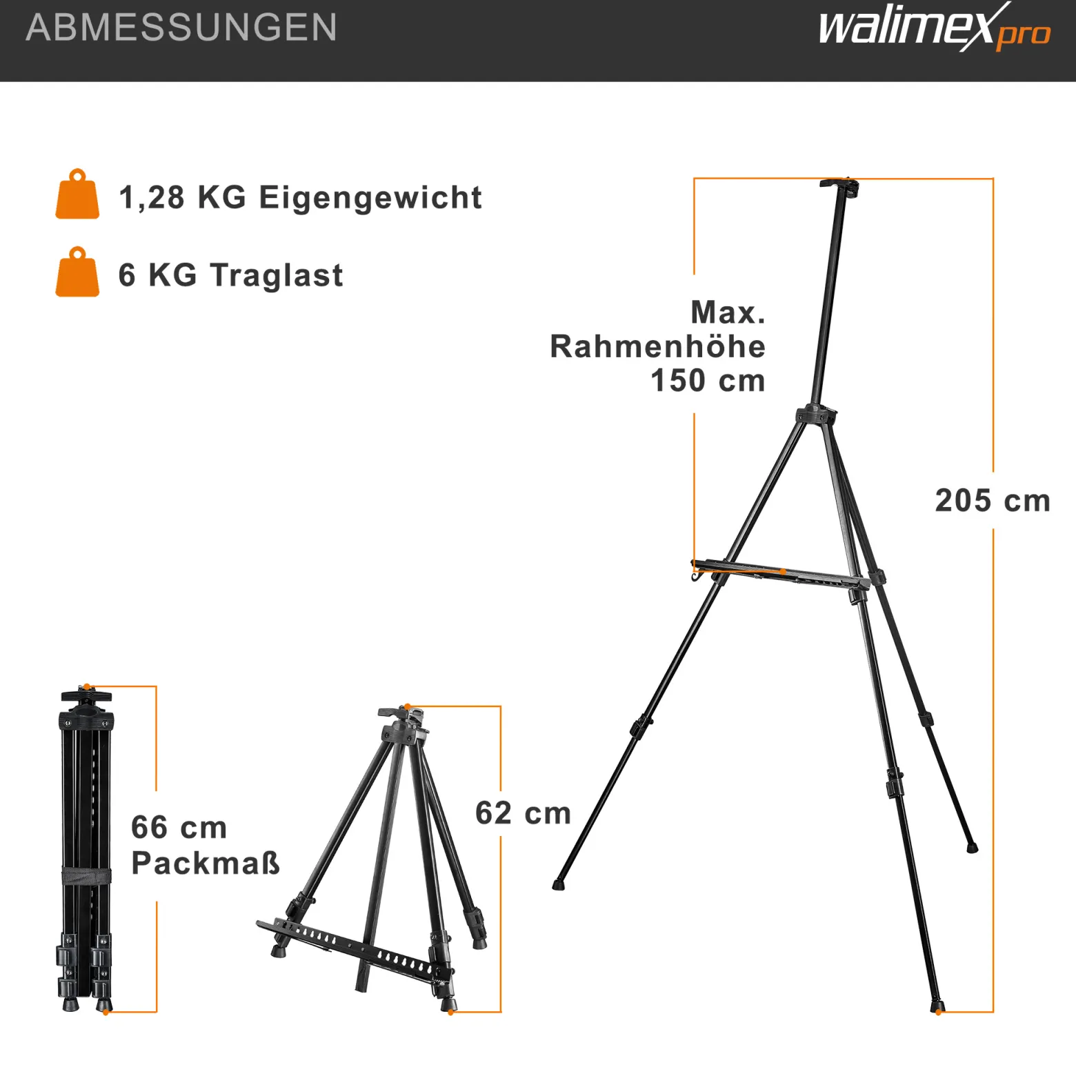 Walimex pro Staffelei XXL 62-205 cm, Leinwandstaffelei aus Aluminium inkl. Transporttasche, Feldstaffelei für Leinwand bis 150 cm, Leinwandstativ mit Ablage