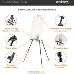 Walimex pro Staffelei XXL 62-205 cm, Leinwandstaffelei aus Aluminium inkl. Transporttasche, Feldstaffelei für Leinwand bis 150 cm, Leinwandstativ mit Ablage