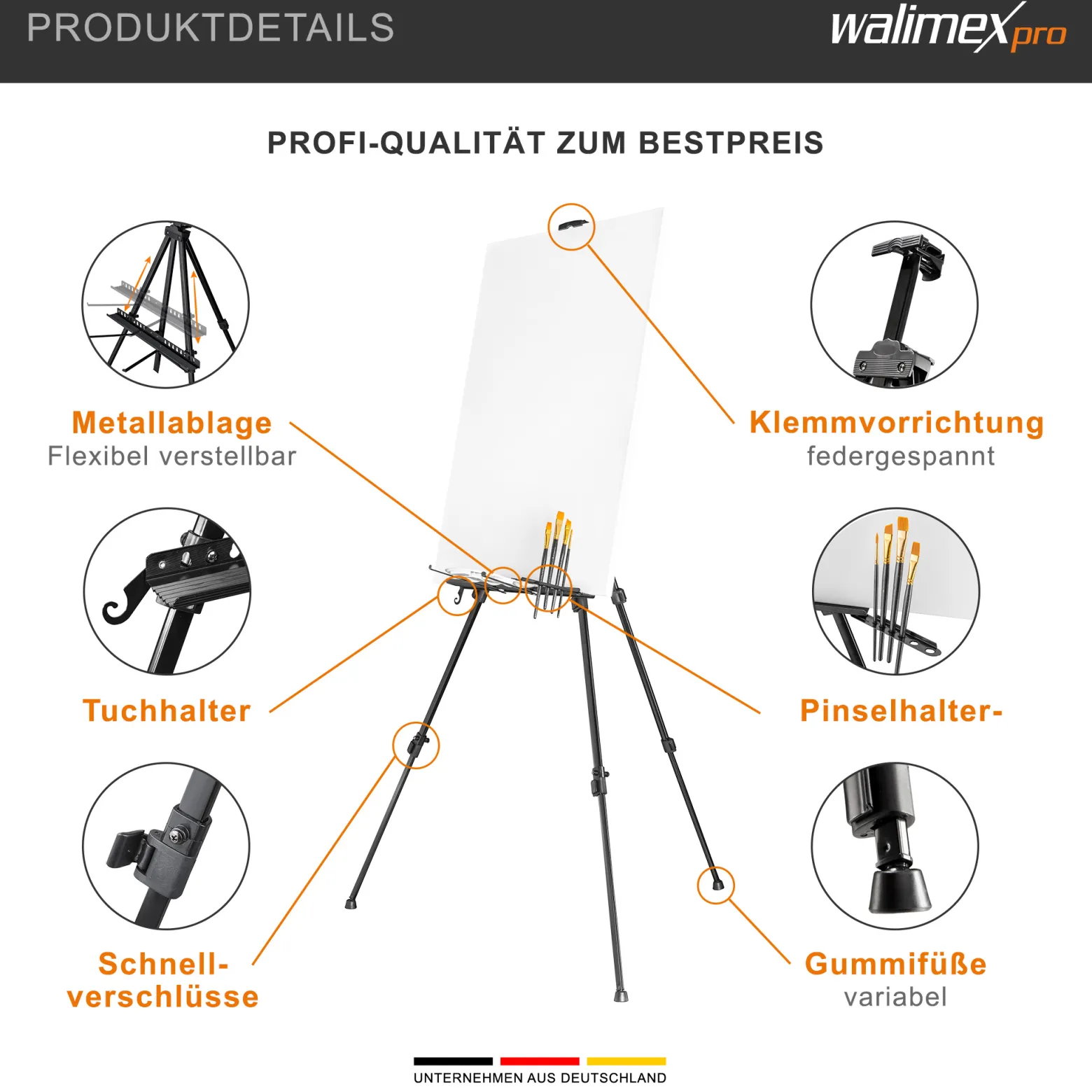 Walimex pro Staffelei XXL 62-205 cm, Leinwandstaffelei aus Aluminium inkl. Transporttasche, Feldstaffelei für Leinwand bis 150 cm, Leinwandstativ mit Ablage