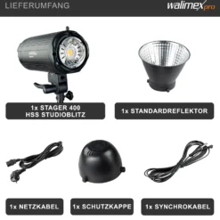 Walimex pro Stager 400 HSS Studioblitz, 400 W Studiolicht mit LED-Einstelllicht, Videolicht mit 2,4 GHz Empfänger, kurze Abbrennzeit, ideal für Fotostudio