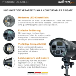 Walimex pro Stager 400 HSS Studioblitz Set, 400 W Studiolicht mit LED-Einstelllicht, Studio-Komplettset mit Softbox und Lampenstativ, ideal für Fotostudio