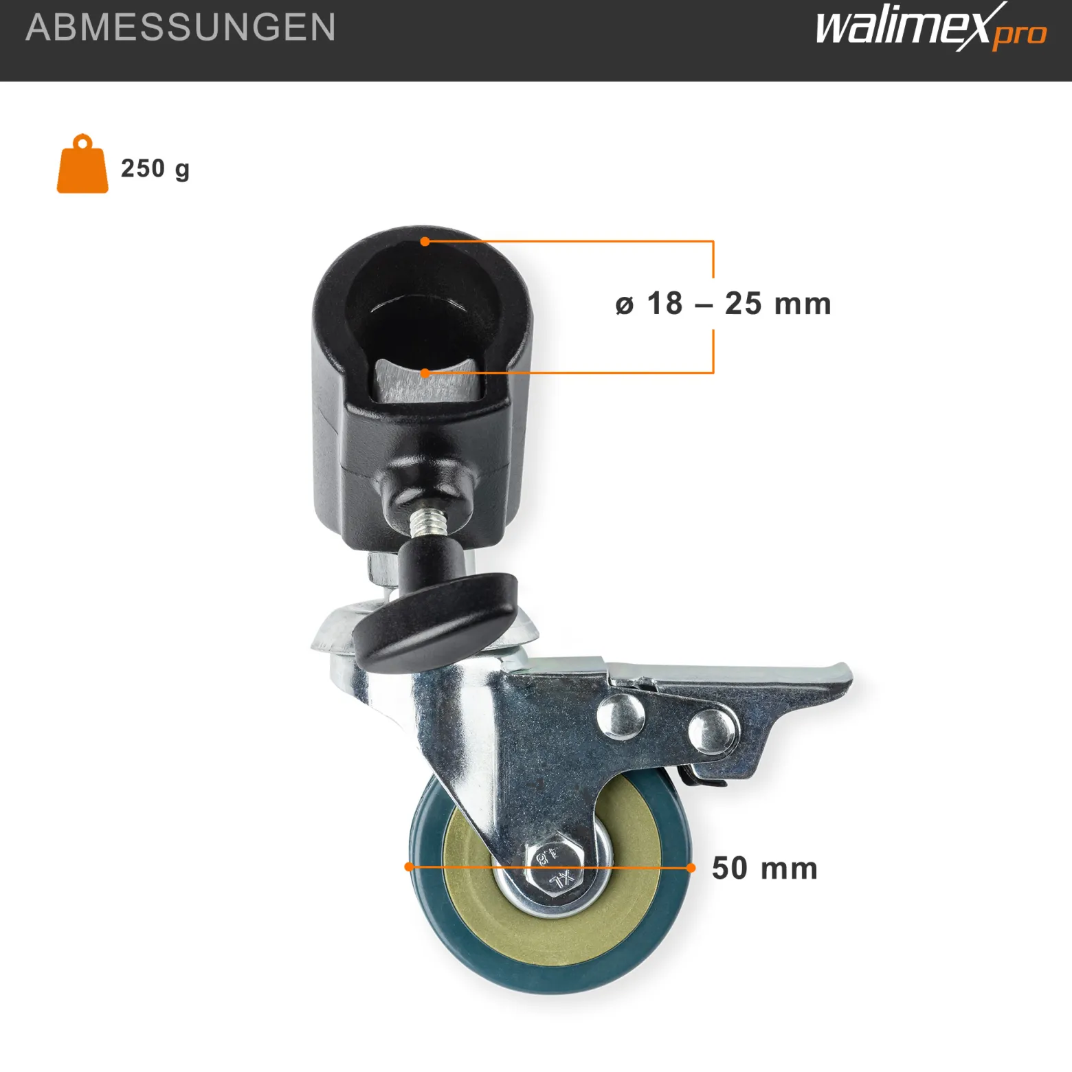 Walimex pro Stativrollen Pro 3er-Set - Lenkrollen Set - Vollmetall, Ø 50 mm - Gummi Lauffläche und Bremse - für Stativbeine Ø 18-23mm, Schwarz