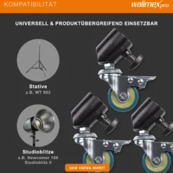 Walimex pro Stativrollen Pro 3er-Set - Lenkrollen Set - Vollmetall, Ø 50 mm - Gummi Lauffläche und Bremse - für Stativbeine Ø 18-23mm, Schwarz