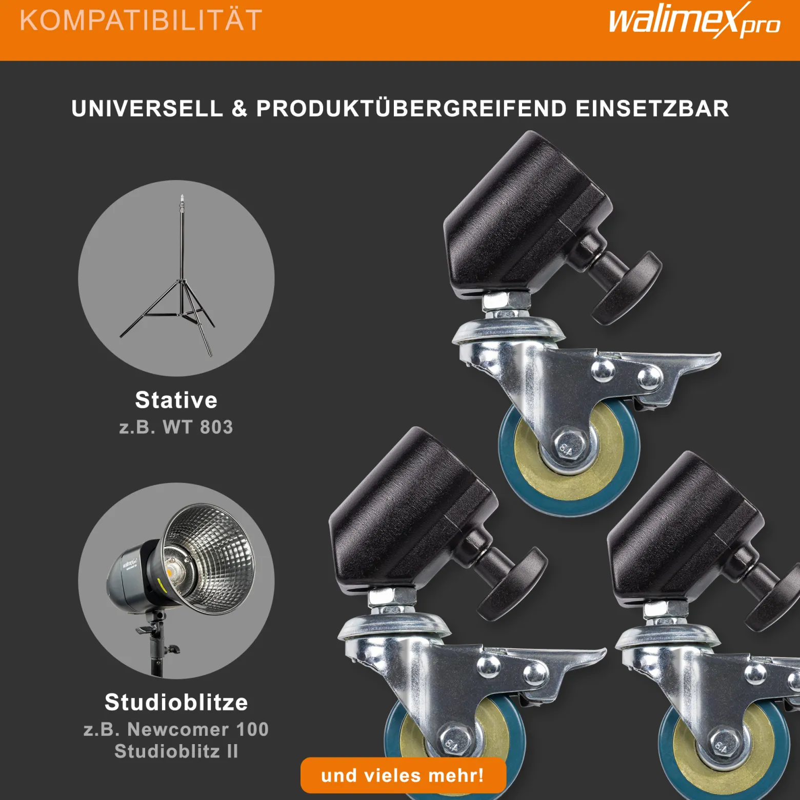 Walimex pro Stativrollen Pro 3er-Set - Lenkrollen Set - Vollmetall, Ø 50 mm - Gummi Lauffläche und Bremse - für Stativbeine Ø 18-23mm, Schwarz