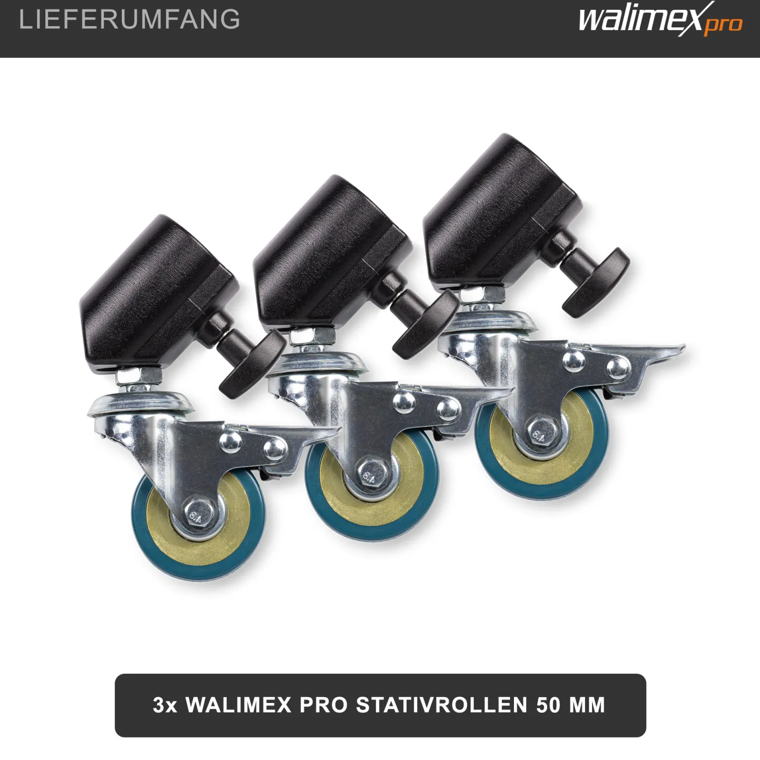 Walimex pro Stativrollen Pro 3er-Set - Lenkrollen Set - Vollmetall, Ø 50 mm - Gummi Lauffläche und Bremse - für Stativbeine Ø 18-23mm, Schwarz