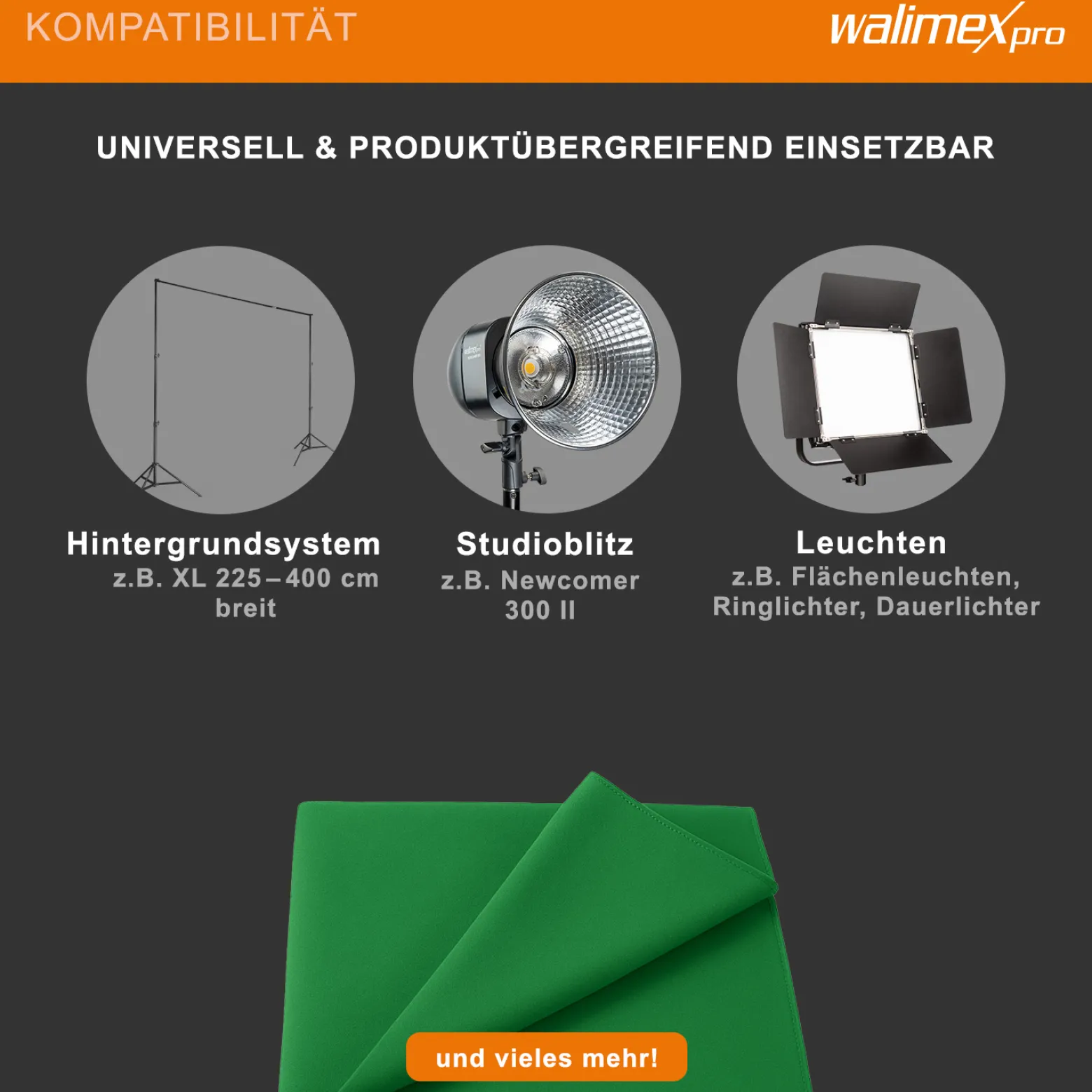 Walimex pro Stoffhintergrund 2,85 x 6 m chroma grün, Fotohintergrund aus Polyester 130 g/m², Hintergrund aus Stoff mit Tunnel für Hintergrundsystem, ideal für Fotostudio