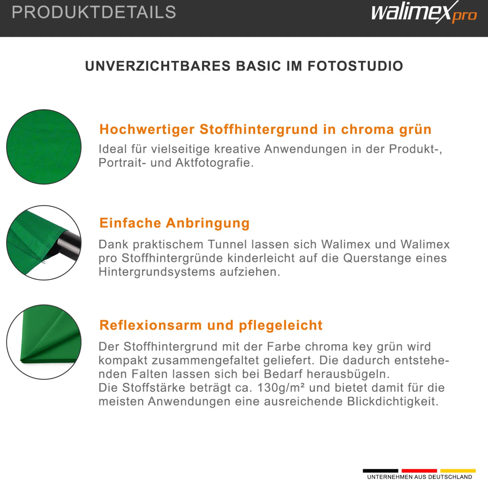 Walimex pro Stoffhintergrund 2,85 x 6 m chroma grün, Fotohintergrund aus Polyester 130 g/m², Hintergrund aus Stoff mit Tunnel für Hintergrundsystem, ideal für Fotostudio