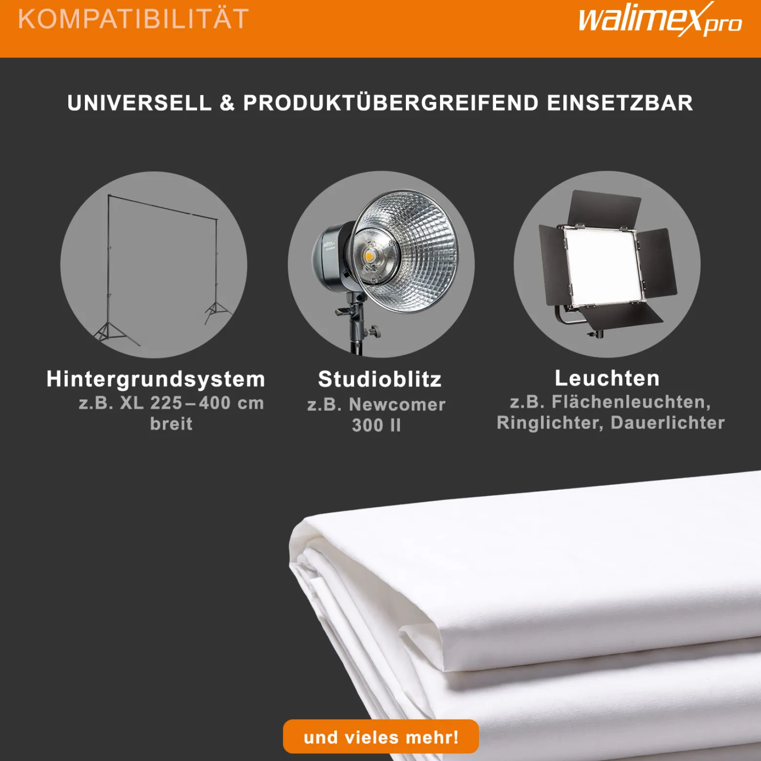 Walimex pro Stoffhintergrund 2,85 x 6 m weiß, Fotohintergrund aus Polyester 120 g/m², Hintergrund aus Stoff mit Tunnel für Hintergrundsystem, Backdrop ideal für Fotostudio