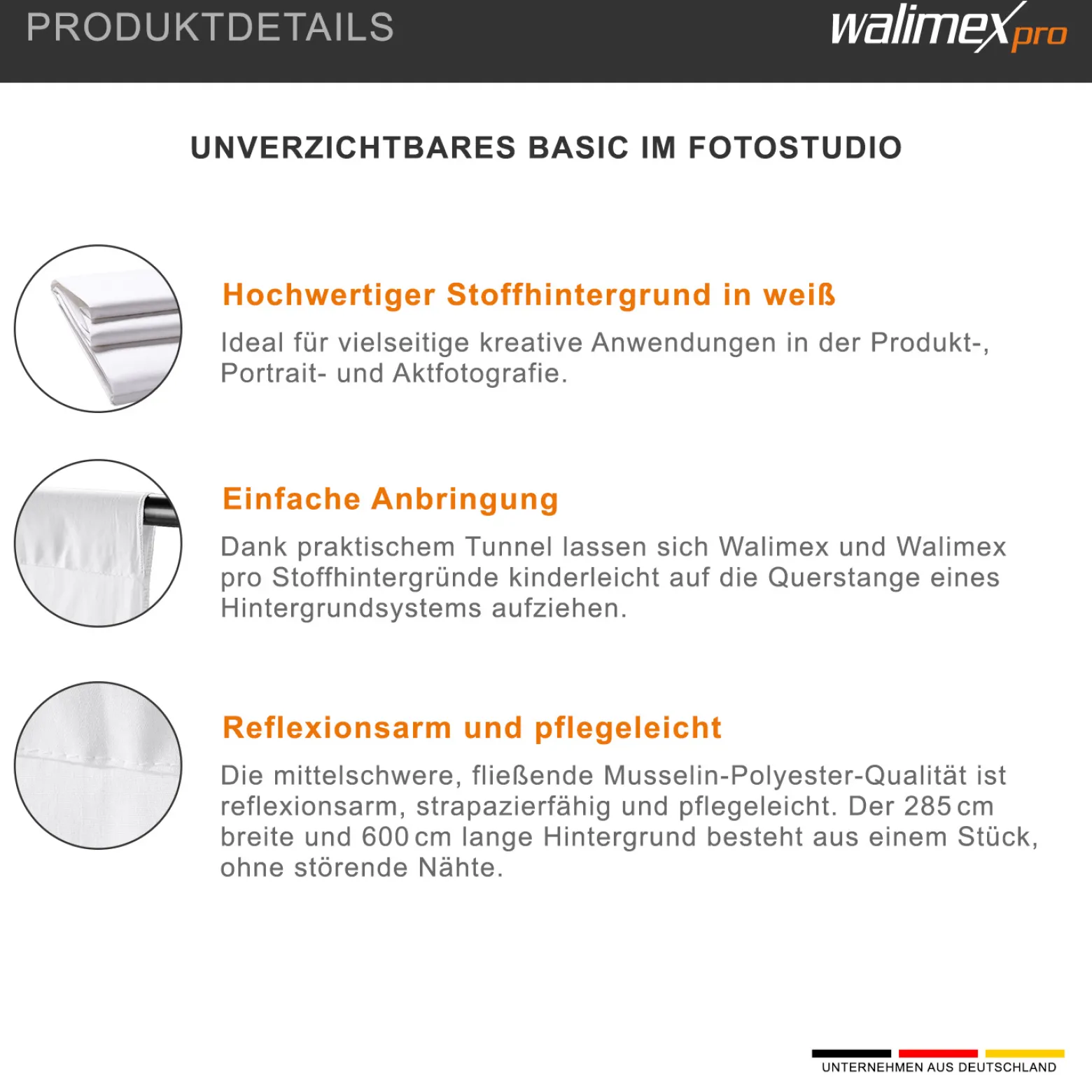 Walimex pro Stoffhintergrund 2,85 x 6 m weiß, Fotohintergrund aus Polyester 120 g/m², Hintergrund aus Stoff mit Tunnel für Hintergrundsystem, Backdrop ideal für Fotostudio