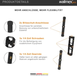 Walimex pro Streaming Frame Multifunktionshalter - 203 x 480 x 25 mm / 3 kg Tragkraft - 2 Blitzschuh Anschlüsse, 6x Gewinde & 3x Schrauben - für Kamera, Mikrofon, LEDs und Blitzgeräten