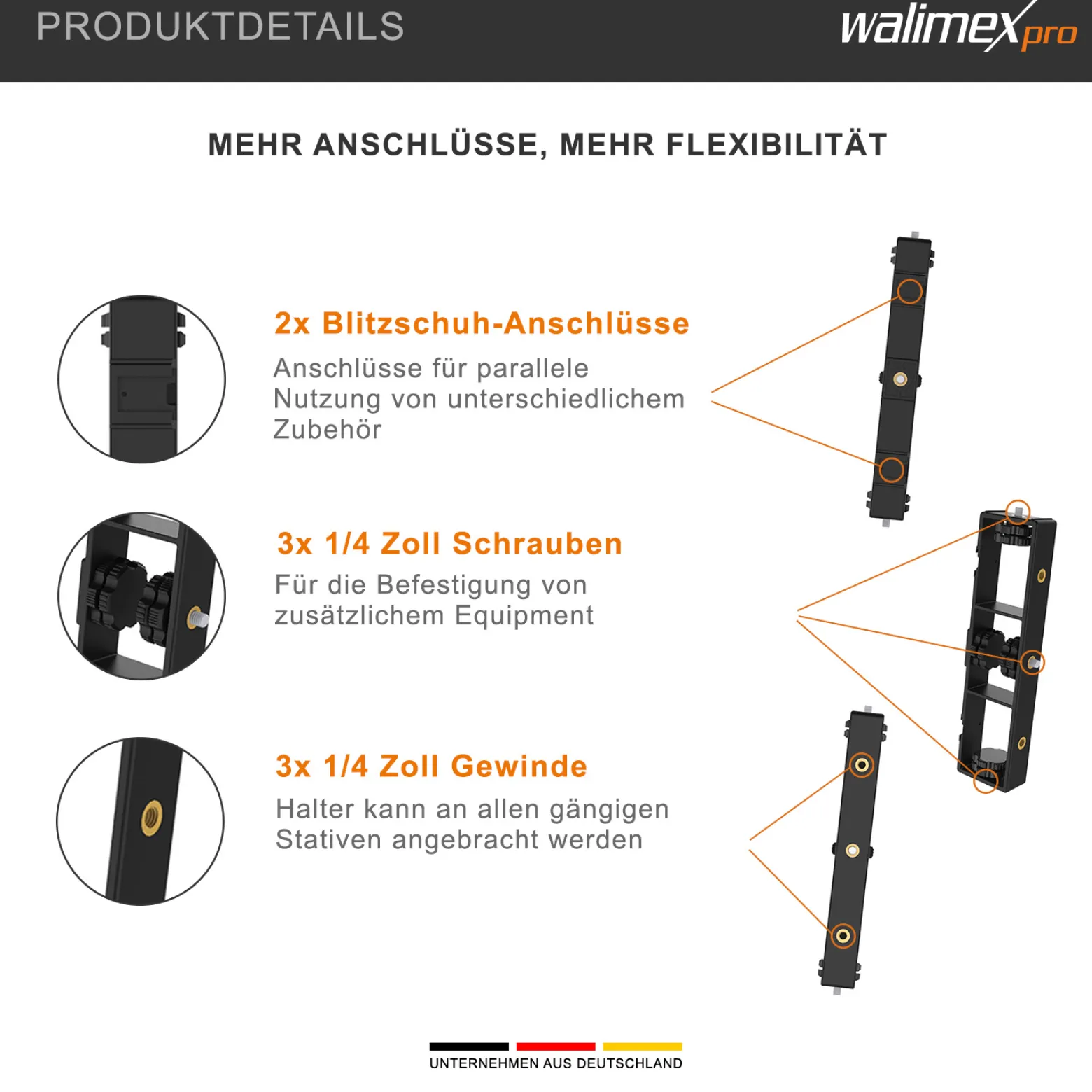 Walimex pro Streaming Frame Multifunktionshalter - 203 x 480 x 25 mm / 3 kg Tragkraft - 2 Blitzschuh Anschlüsse, 6x Gewinde & 3x Schrauben - für Kamera, Mikrofon, LEDs und Blitzgeräten