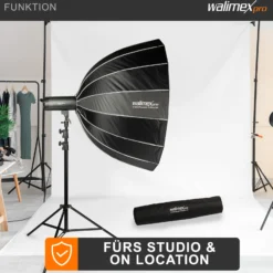Walimex pro Studio Parabolic Softbox 120cm, um 360° drehbar, einfacher Aufbau dank Schirmfunktion, inkl. Grid, Maske, Bowens Adapter und Transporttasche, ideal für Porträts und Beauty-Aufnahmen