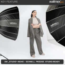 Walimex pro Studio Parabolic Softbox 120cm, um 360° drehbar, einfacher Aufbau dank Schirmfunktion, inkl. Grid, Maske, Bowens Adapter und Transporttasche, ideal für Porträts und Beauty-Aufnahmen