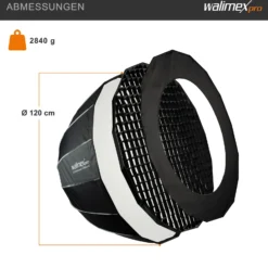 Walimex pro Studio Parabolic Softbox 120cm, um 360° drehbar, einfacher Aufbau dank Schirmfunktion, inkl. Grid, Maske, Bowens Adapter und Transporttasche, ideal für Porträts und Beauty-Aufnahmen