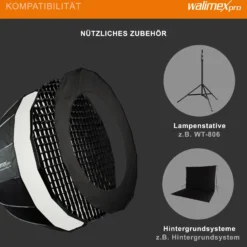 Walimex pro Studio Parabolic Softbox 120cm, um 360° drehbar, einfacher Aufbau dank Schirmfunktion, inkl. Grid, Maske, Bowens Adapter und Transporttasche, ideal für Porträts und Beauty-Aufnahmen