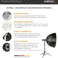 Walimex pro Studio Parabolic Softbox 120cm, um 360° drehbar, einfacher Aufbau dank Schirmfunktion, inkl. Grid, Maske, Bowens Adapter und Transporttasche, ideal für Porträts und Beauty-Aufnahmen