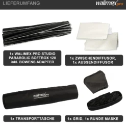 Walimex pro Studio Parabolic Softbox 120cm, um 360° drehbar, einfacher Aufbau dank Schirmfunktion, inkl. Grid, Maske, Bowens Adapter und Transporttasche, ideal für Porträts und Beauty-Aufnahmen