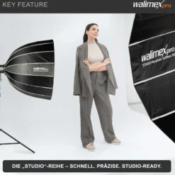 Walimex pro Studio Parabolic Softbox 90cm, um 360° drehbar, einfacher Aufbau dank Schirmfunktion, inkl. Grid, Maske, Bowens Adapter und Transporttasche, ideal für Porträts und Beauty-Aufnahmen